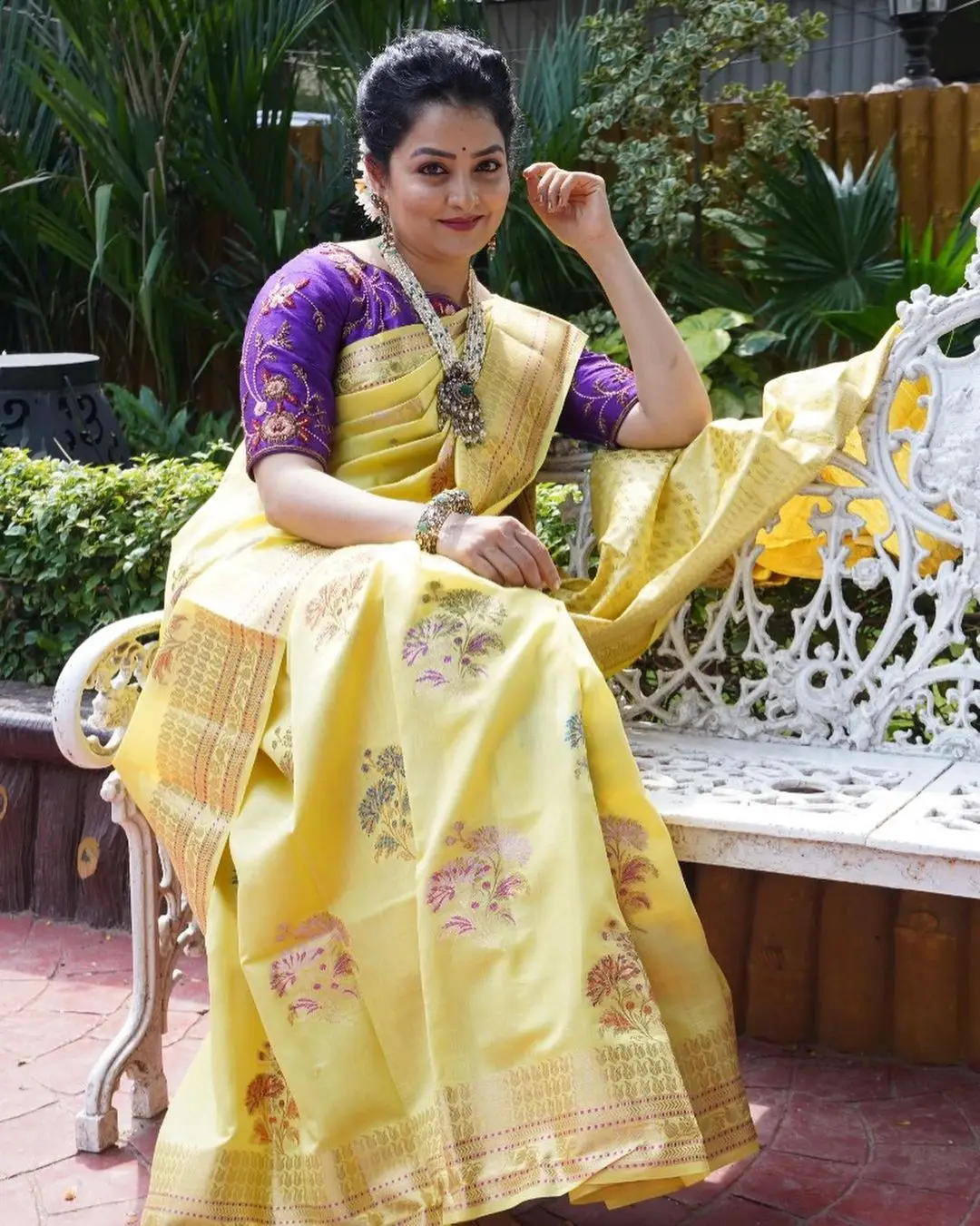 ETV Abhiruchi Madhuri Kandavalli In Yellow Saree Violet Blouse